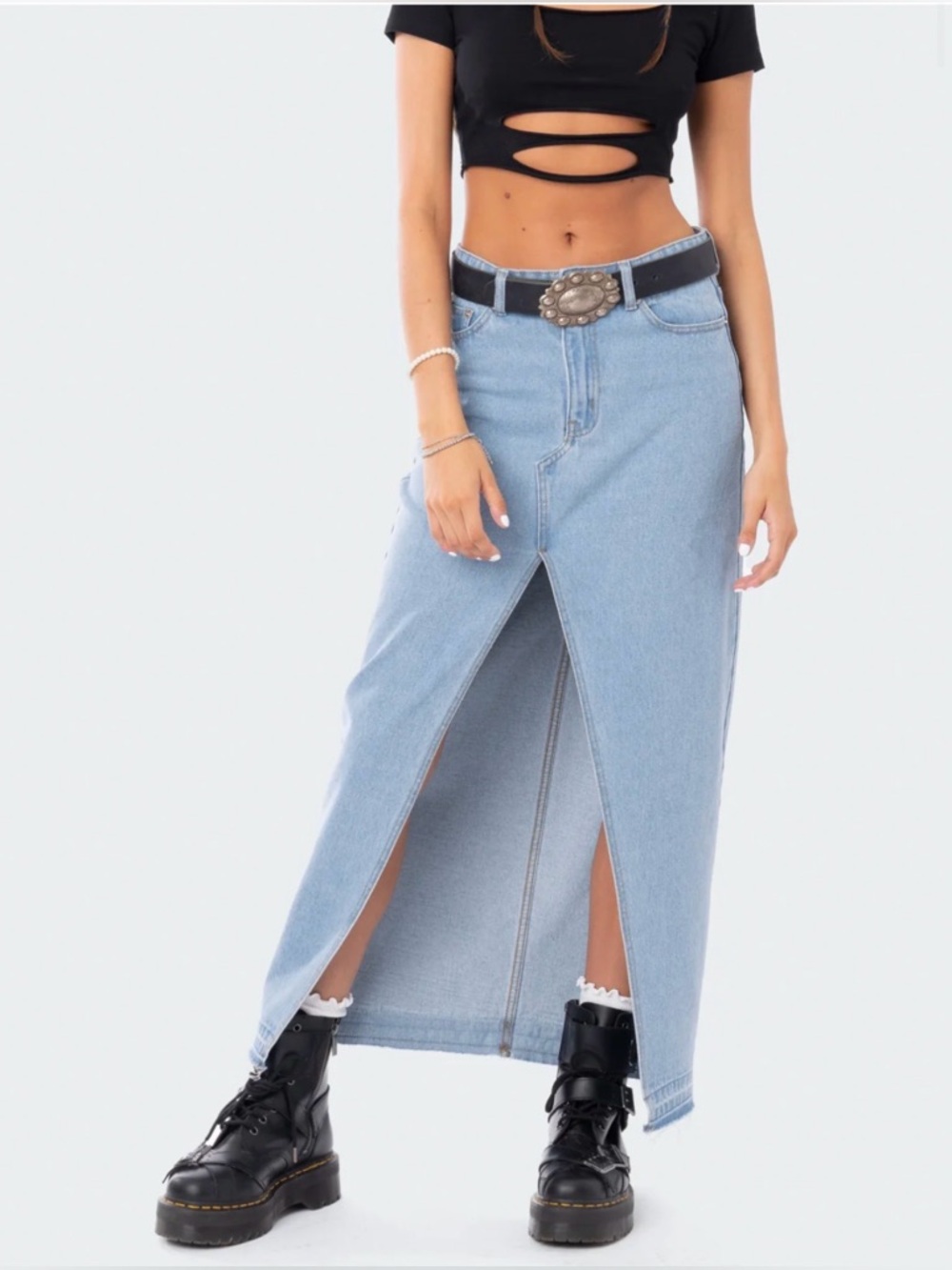 Edikted Front Slit Maxi Denim Skirt Light Wash